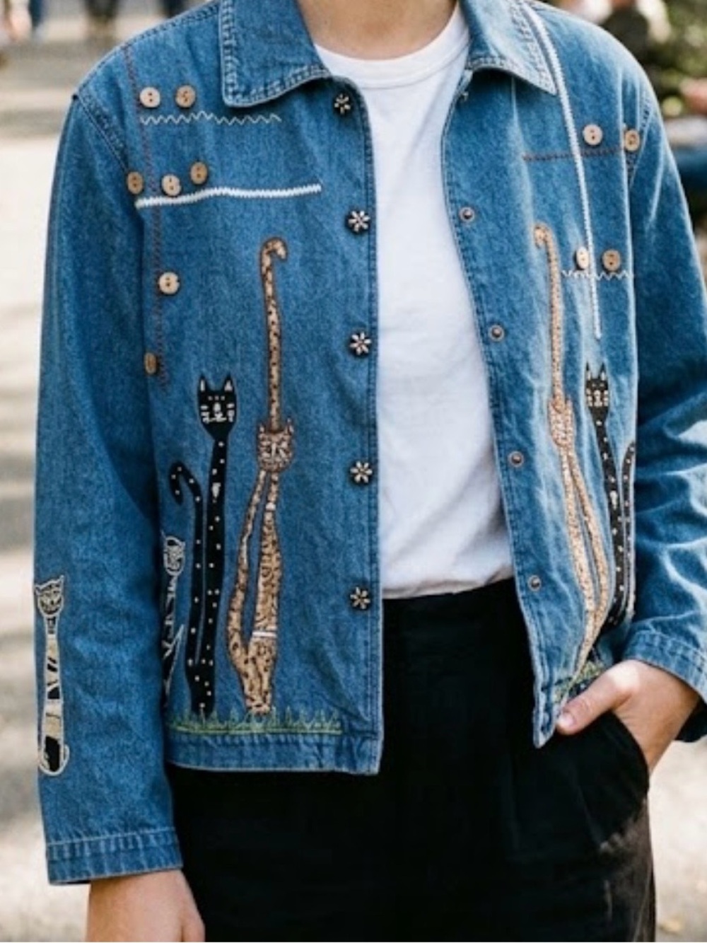 Cats Life Style Petite Large Button Up Blue Denim Shirt Jacket Whimsical Cat MP